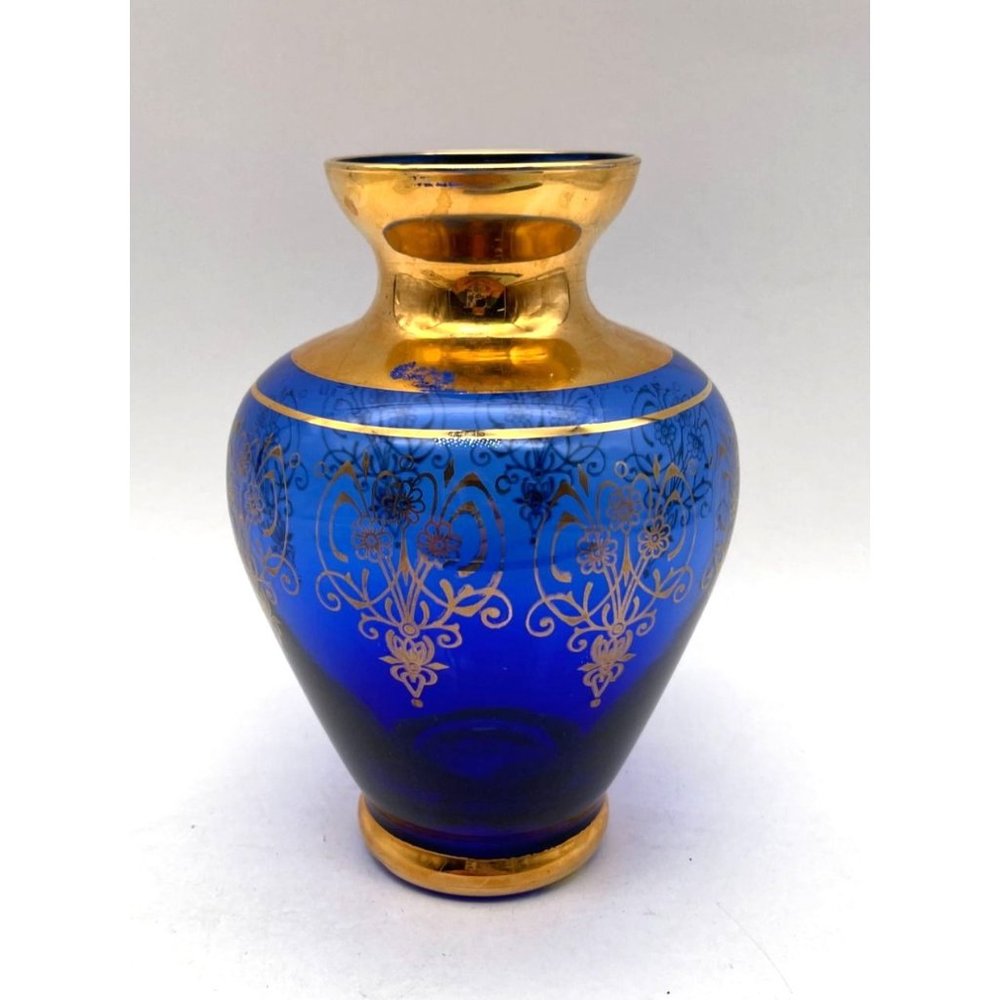 Vtg. Murano Venezia Cobalt Glass with 24 K Gold Leaf Decoration Vase